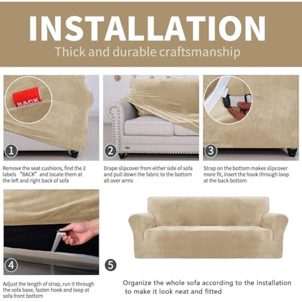 XINEAGE 1 Piece Velvet Couch Covers for 3 Cushion Couch Living Room High Stretch Sofa Cover Pets Dogs Friendly Anti Slip Thickened Slipcovers Furniture Protector (3 Seater, Camel)