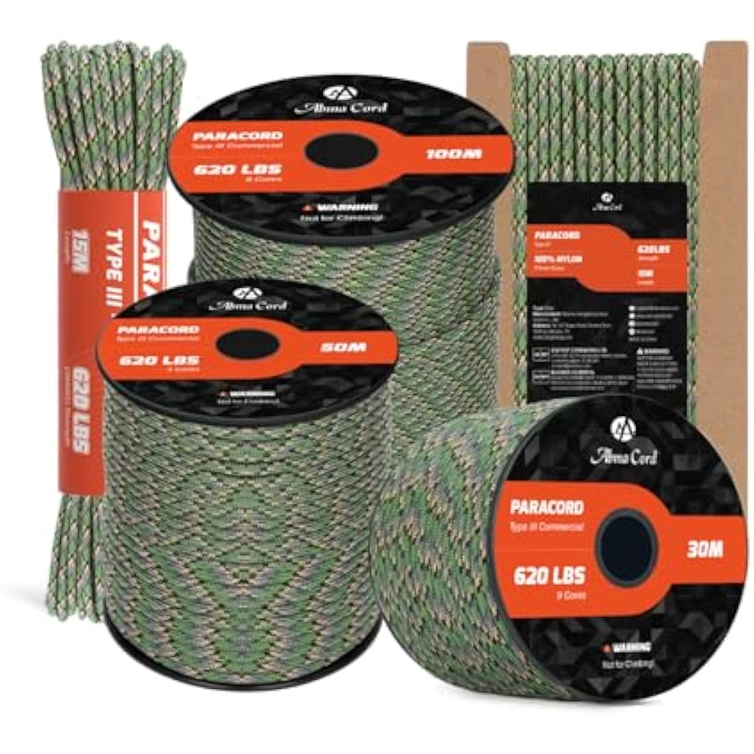 Abma Cord Paracord 4mm 100m 100% Nylon Rope 9 Strands Type III Parachute Cord for DIY, Camping, Survival, Outdoor - Max. 280kg - Jager Camo