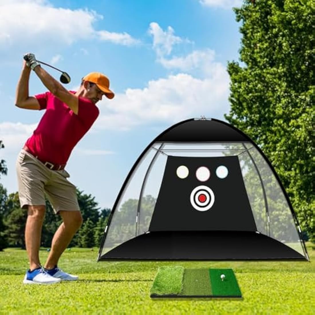 Golf Practice Net 10×7×6 ft (3×2.1×1.8 m) with Tri-Turf Mat – Indoor & Outdoor Golf Hitting Net for Backyard Driving, Chipping, Swing Training – Includes Target, Balls, Tee & Carry Bag