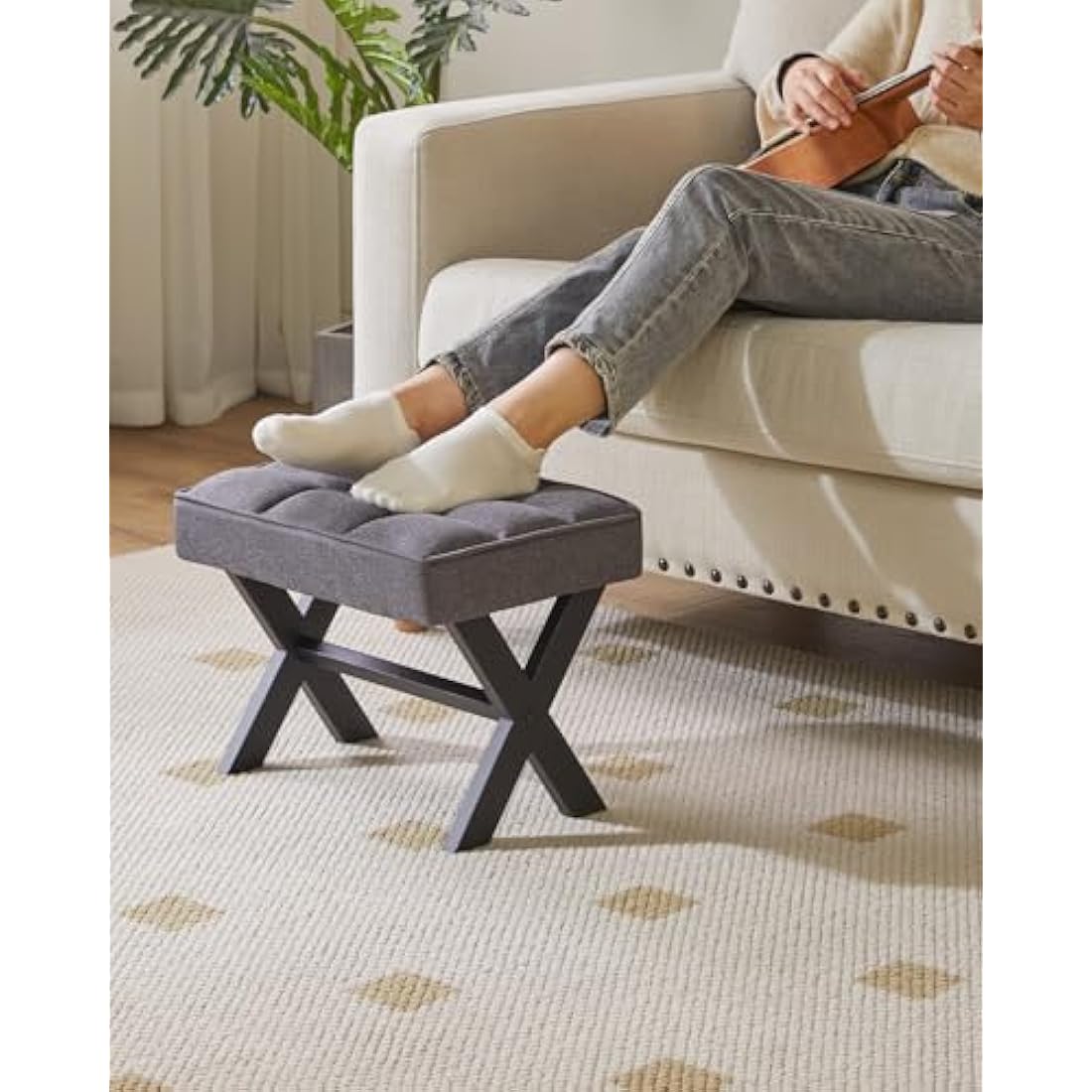 IBUYKE Small 12" H Footrest Stool, Square Linen Foot Stool with Metal X-Leg, Multi-Use as Small Side Table, Step Stool for Living Room, Bedroom, Entryway, Office, Dark Gray WBD011G