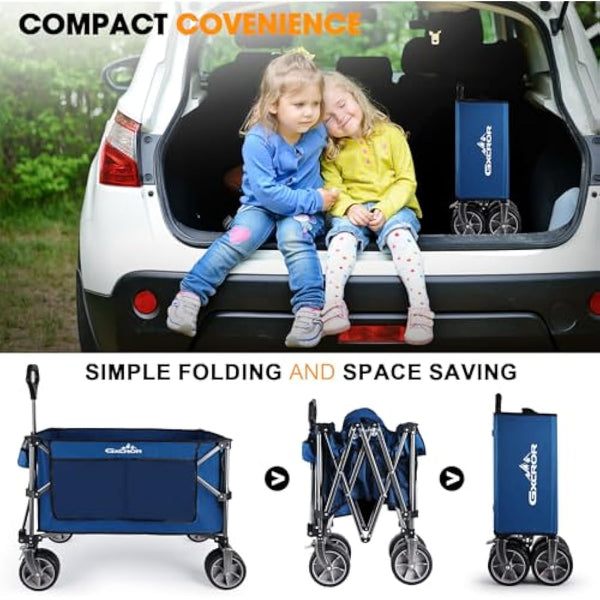 GXCROR Folding Trolley Cart 200L Collapsible Wagon 330 lbs Capacity Heavy Duty Outdoor Beach Wagon with Big Wheels for Camping Beach Garden