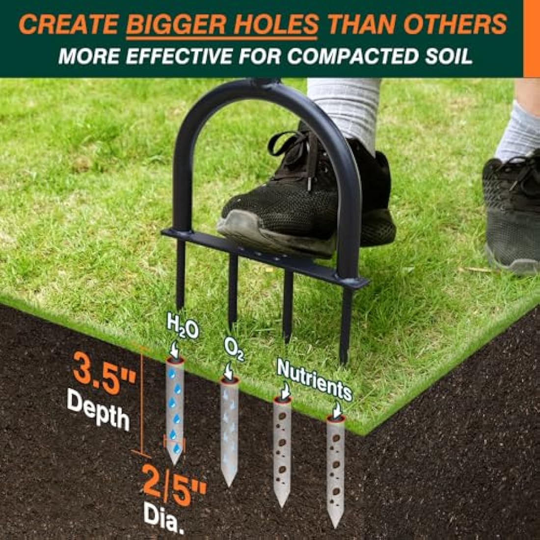 Colwelt Lawn Spike Aerator, Gardening Lawn Aerator for Compacted Soils and Lawns, Non-slip T-Handle Grass Spike Aeration with Four 9cm Solid Steel Spikes, 96cm