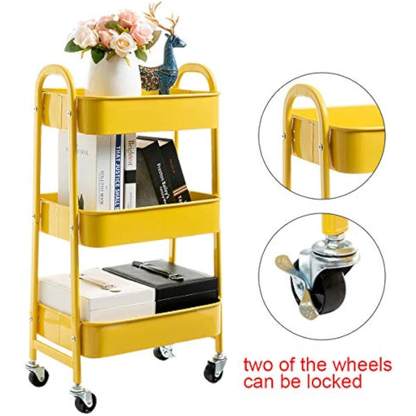 DOEWORKS 3 Tier Storage Trolley on Wheels Rolling Kitchen Trolley Craft Trolleys Beauty Trolleys Metal Storage Utility Cart for Books Room Bathroom Office, Yellow