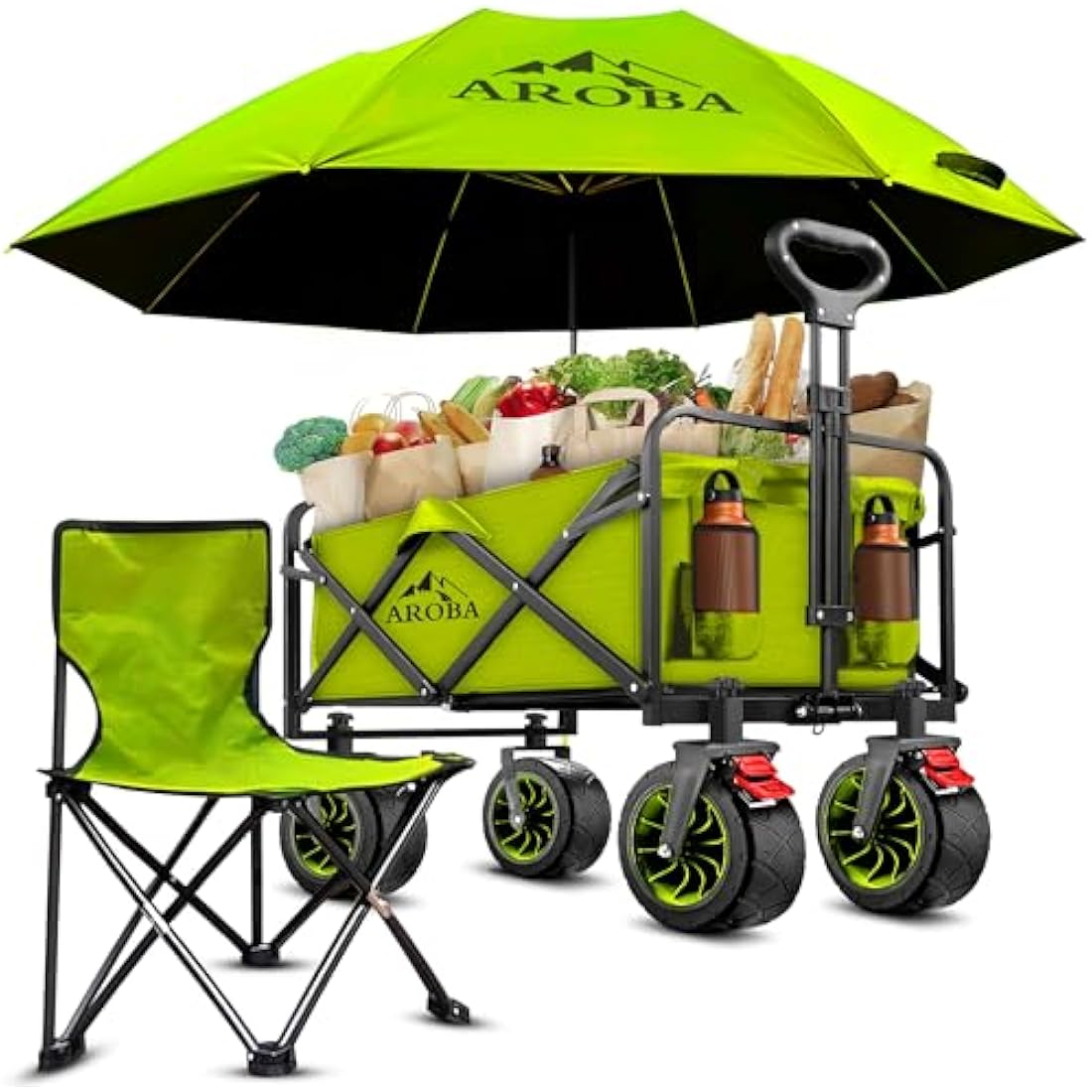 Heavy Duty Folding Festival Trolley – 300L Extra-Large – Includes Chair & Oversized Umbrella Collapsible Wagon with All-Terrain Wide Wheels, Adjustable Handle & 100KG Capacity (Light Green)