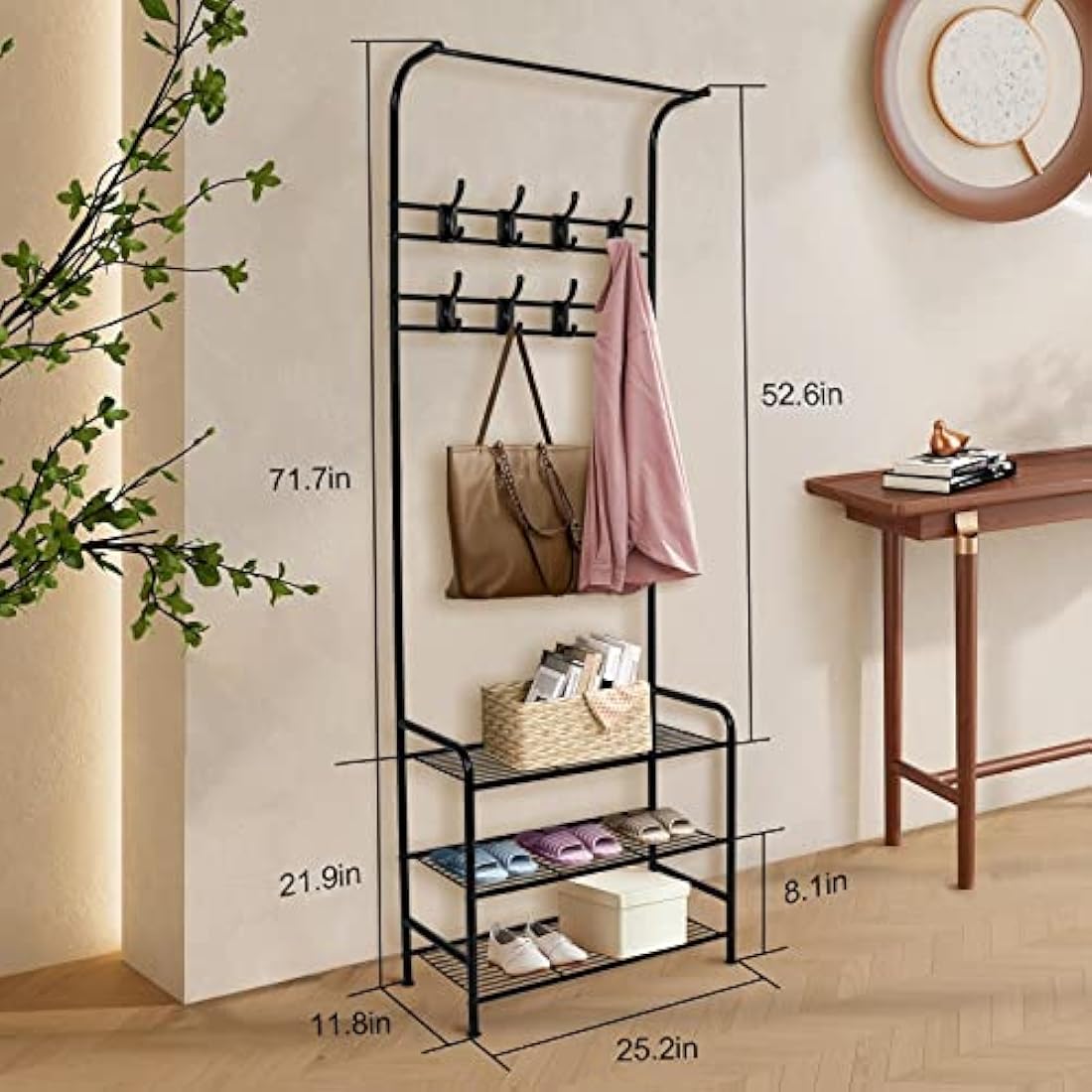 Innotic Coat Rack,Shoe Rack With Coat Hanger 16 Hooks Free Standing Coat Stands For Hallway, Entrance, Matte Steel Coat Rack Stand, Black
