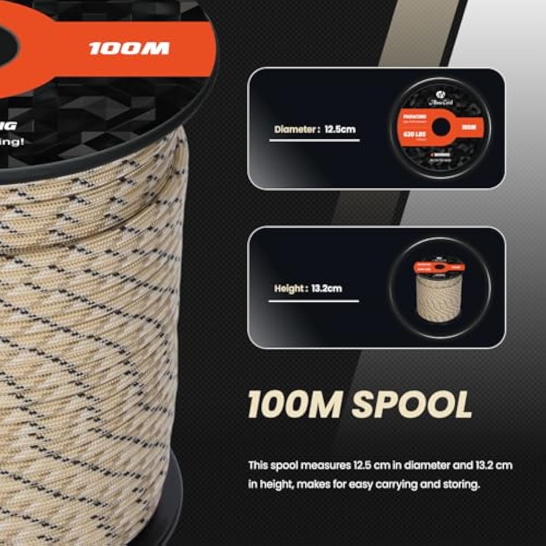 Abma Cord Paracord 4mm 100m 100% Nylon Rope 9 Strands Type III Parachute Cord for DIY, Camping, Survival, Outdoor - Max. 280kg - Desert Camo