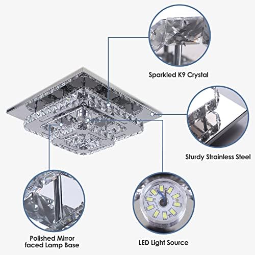 Finktonglan Crystal LED Chandelier Ceiling Light, Modern Square Ceiling Lamp Flush Mount Crystal Lights Fixture for Dining Room Hallway Bedroom Kitchen Hotel Foyer Living Room, Color Changeable