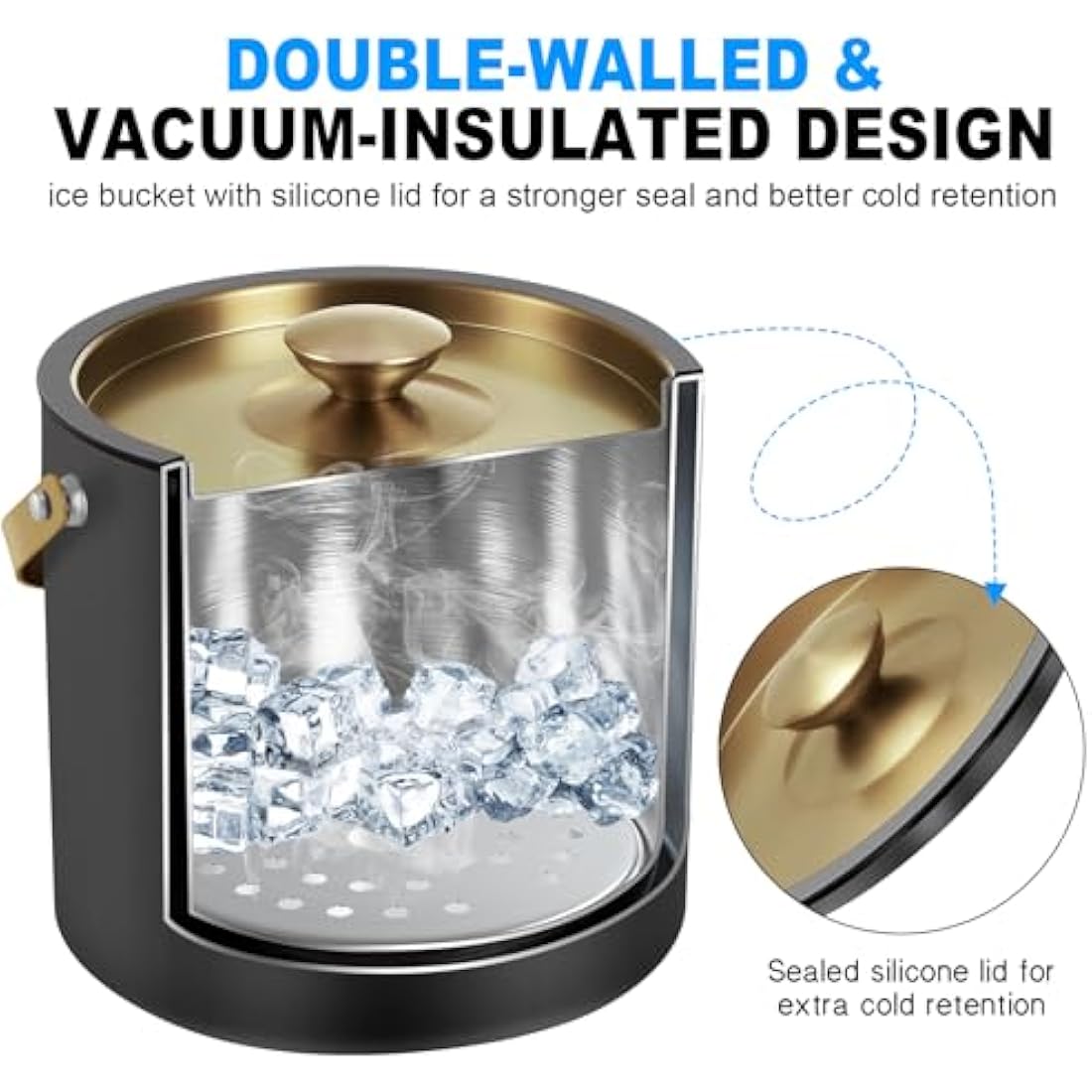3.2L Modern Insulated Ice Bucket with Silicone Lid, Scoop, Strainer, Double Wall Stainless Steel Ice Bucket for Parties & Cocktail Bar,Ideal for Gift(Black)