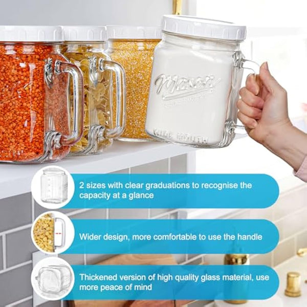 Absovetu 2 Pack Large Glass Jars with Lids 2160 ml/74oz - Wide Mouth Mason Jars with Handle Glas Storage Jars with Lids Airtight for Juice Milk Water Pickle Hot Chocolate Coffee