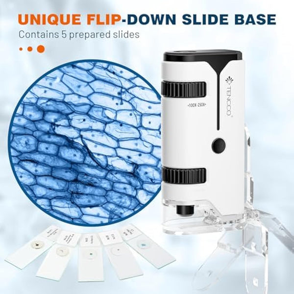 100x-250x Mini Pocket Microscope for Kids Adults, Protable Handheld Microscope, Miniscope Portable for Kids Adults Science Lab Education,White