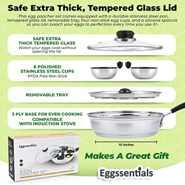 Eggssentials Poached Egg Maker - Nonstick 6 Egg Poaching Cups - Stainless Steel Egg Poacher Pan Food Grade Safe PFOA Free with Bonus Spatula