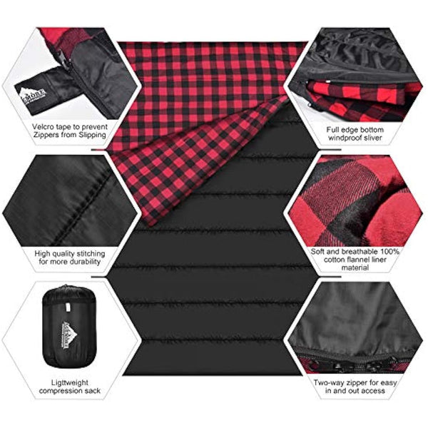 Double Cotton Flannel Sleeping Bag for Camping, Hiking, or Hiking. Queen 2 Cold Weather Waterproof Sleeping Bag for Adults or Teenagers.
