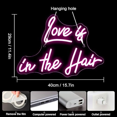 Horseneon Love is in the Hair Neon Light Sign Love Neon Sign Love Light Up Sign USB Dimmer Neon Signs for Wall Bedroom Wedding Livingroom Birthday Valentine'Day