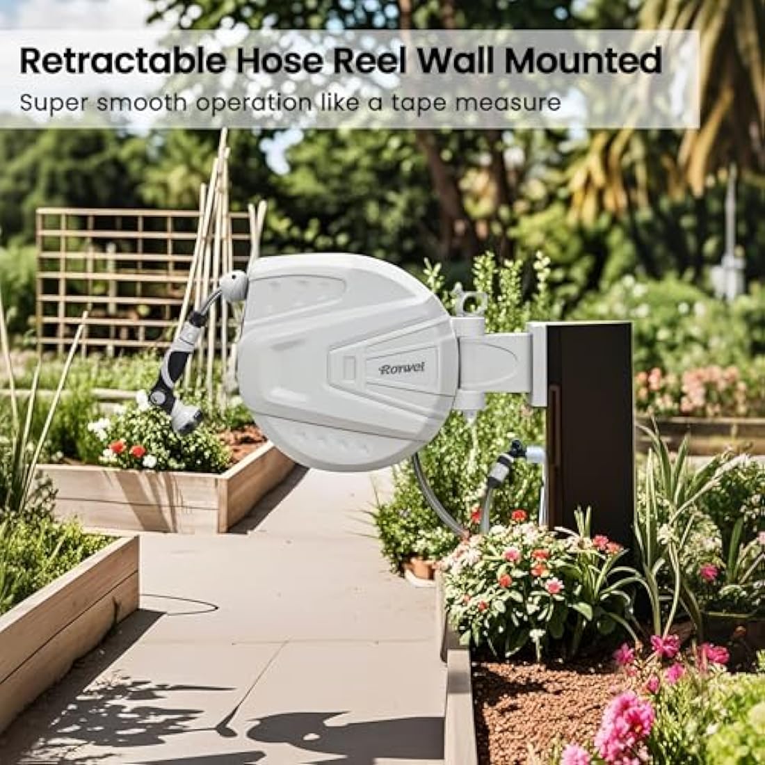 Roywel Auto Reel Garden Hose 30M，Hose Reel Wall Mounted，Auto Rewind, Self-Locking System,180° Pivotal with Multifunction Spray Nozzle