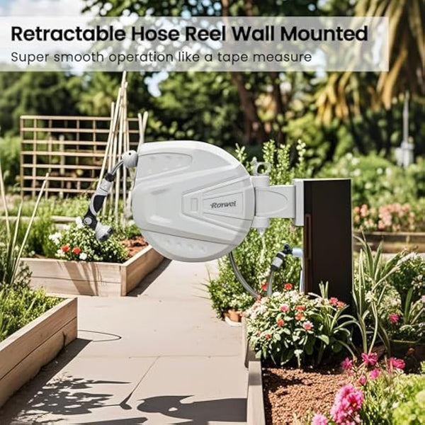 Roywel Auto Reel Garden Hose 30M，Hose Reel Wall Mounted，Auto Rewind, Self-Locking System,180° Pivotal with Multifunction Spray Nozzle