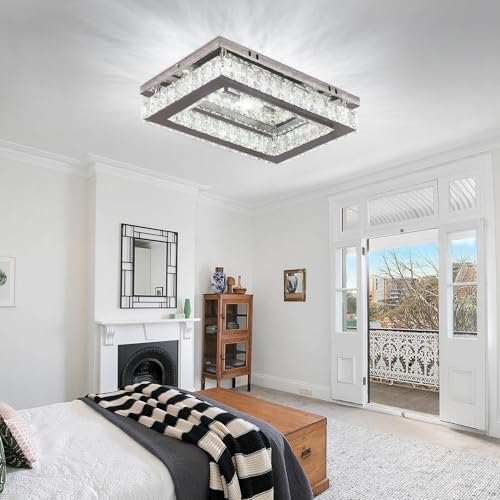 Finktonglan LED Crystal Chandelier Modern Rectangular Ceiling Lamp K9 Stainless Steel Flush Mount Ceiling Lights Fixture Chandelier for Dining Room Living Room Bedroom (Cool White)