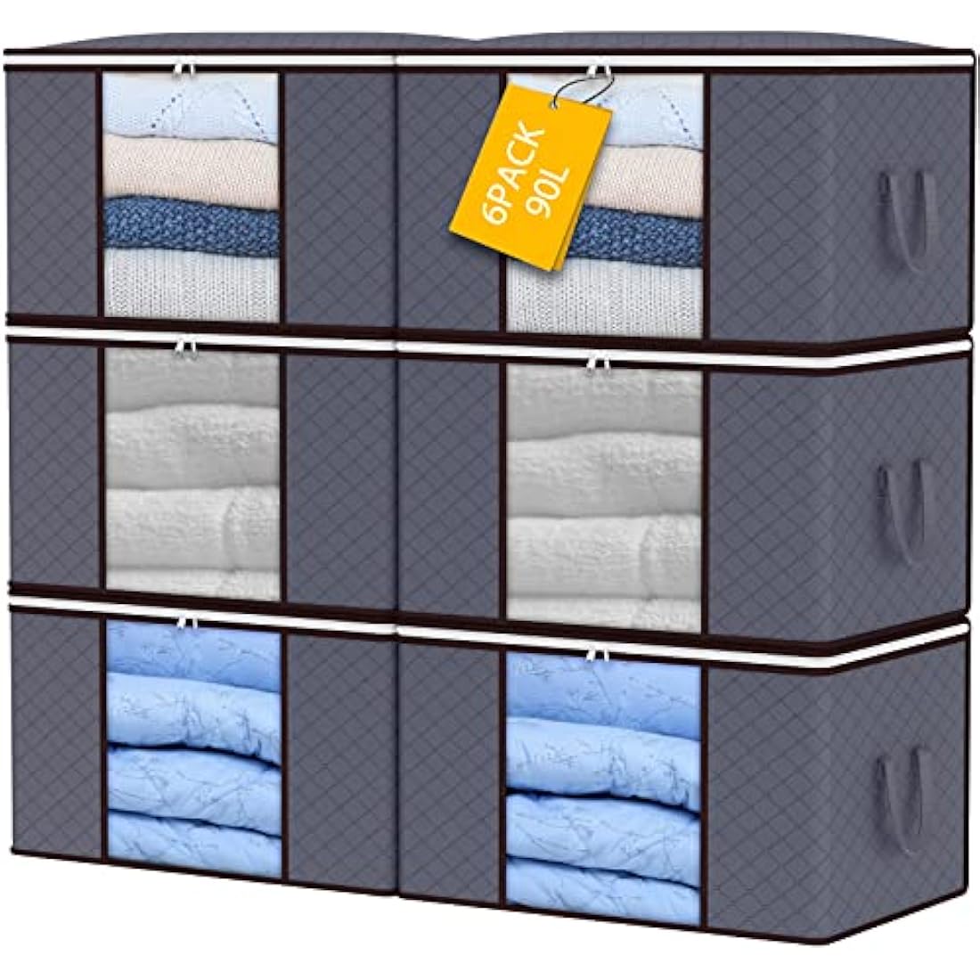 90L Storage Bags, 6Pack Large Capacity Clothes Storage Boxes with Lid and Zips, Foldable Clothes Packing Boxes with Reinforced Handle Breathable Thick Fabric for Comforters, Blankets, Bedding