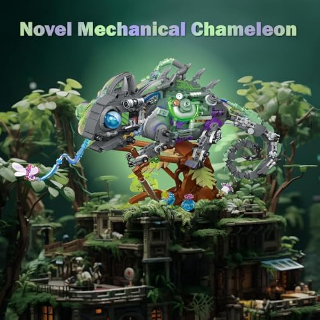 JMBricklayer Neon Body Mechanical Chameleon Building Sets 70124, Cool Animals Collectible Display Model Kits with Base, Creative Design Construction Toys Gifts for Boys Girls Adult (827 Pieces)
