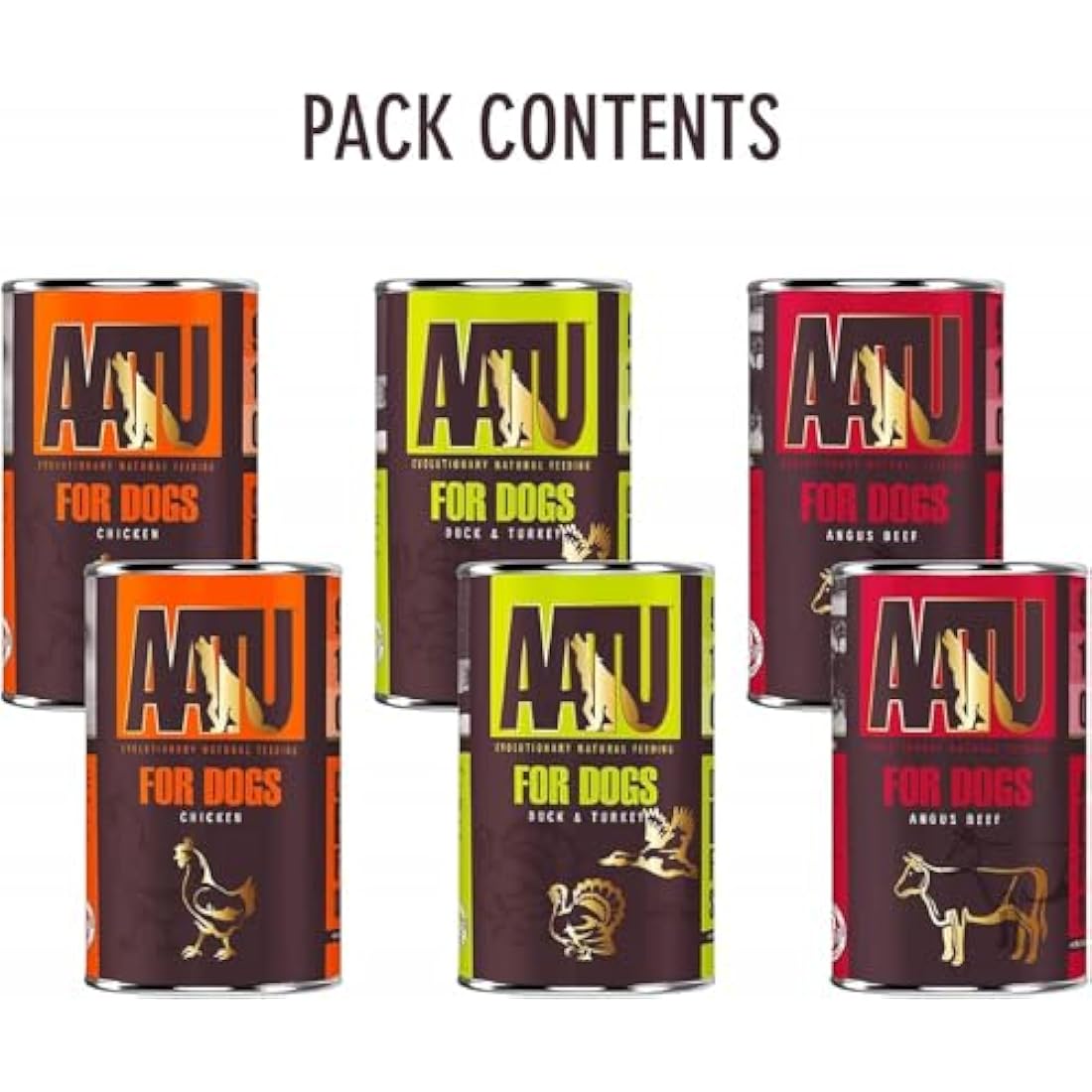 AATU Adult Dog Food Wet Tins - Variety Pack (6x400g) - Grain Free Recipe with No Artificial Ingredients - Good for Low Maintenance Feeding