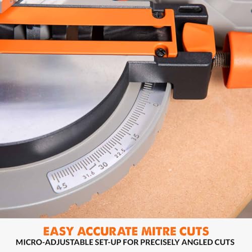 Evolution Power Tools R210CMS Compound Miter Saw Multi-Material Cutting TCT Blade Included Cuts Wood Metal Plastic & More, 45° - 45° Degree Miter & 45˚ Degree Bevel Angles, 1200W, 210mm