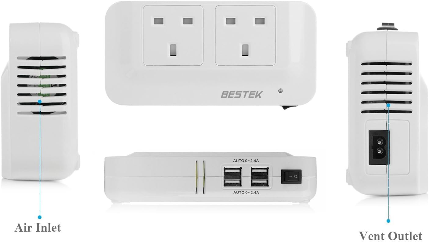 BESTEK 200W Power Inverter DC 12V to AC 230V 240V Dual Socket Car Voltage Converter Transformer with 4 USB Car Charger