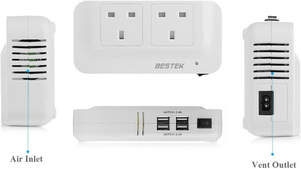 BESTEK 200W Power Inverter DC 12V to AC 230V 240V Dual Socket Car Voltage Converter Transformer with 4 USB Car Charger