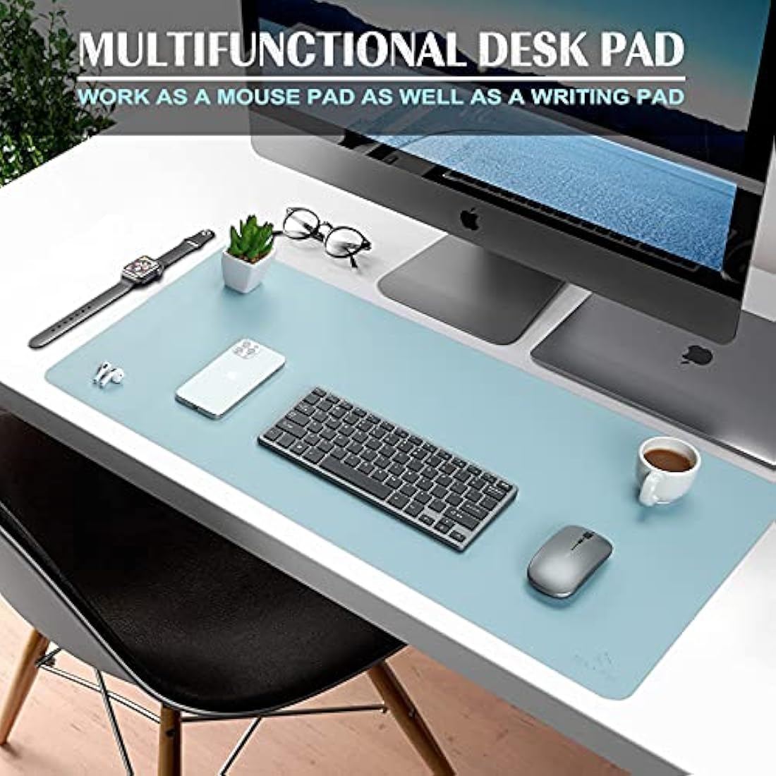 K KNODEL Small Office Leather Desk Mat, Mouse and Keyboard Pad, Computer and Laptop Mat, Desktop Protector and Cover, Writing Pad and Blotter (60x35cm, Light Blue)