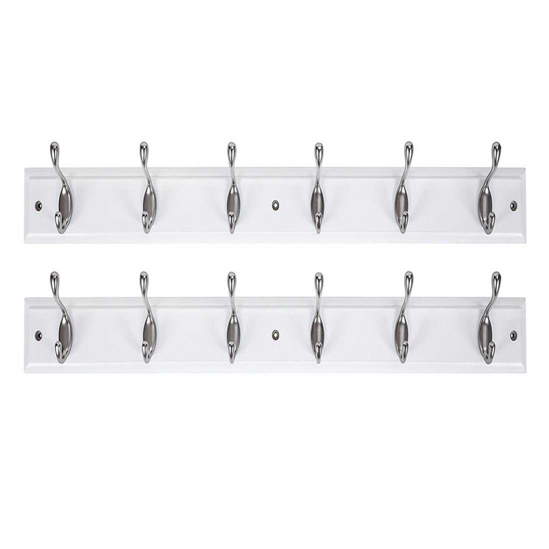 DOKEHOM [2 Pack 6-Satin Nickel Hooks on White Wooden Board Wall Mounted Coat Hook Rack Hanger