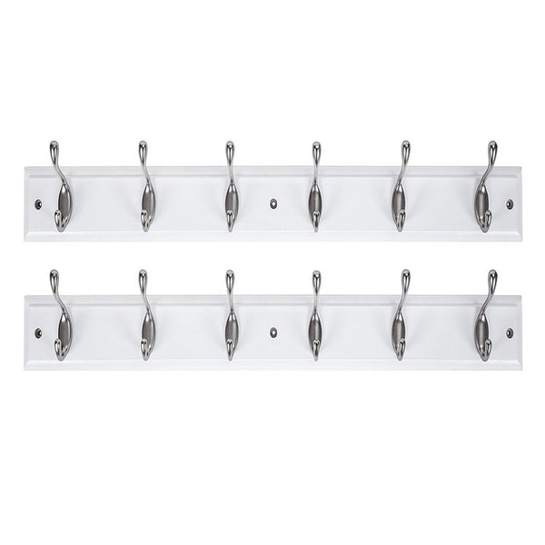 DOKEHOM [2 Pack 6-Satin Nickel Hooks on White Wooden Board Wall Mounted Coat Hook Rack Hanger