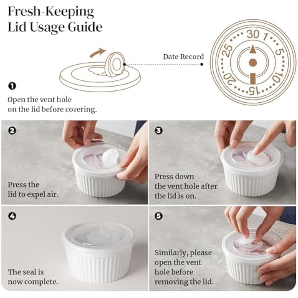 DOWAN Ramekins with Lids, 8 OZ Porcelain Ramekin Dishes for Creme Brulee Soufflé, Egg Mould, Muffin Cases, Mini Dip Bowl, Baking Bowl for Oven & Air Fryer, Classic White, Pack of 6