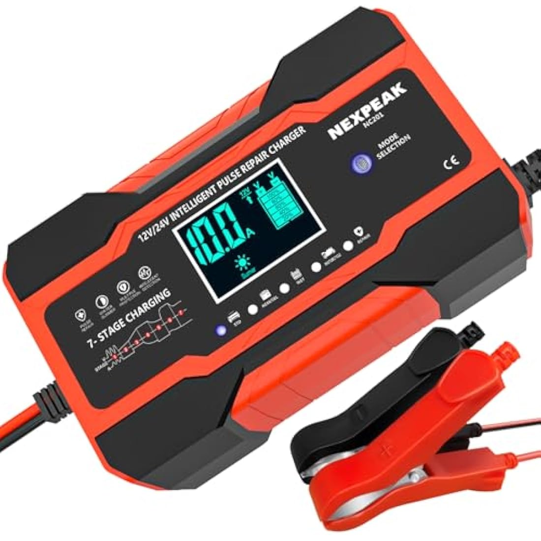 10-Amp Car Battery Charger, 12V and 24V Smart Fully Automatic Battery Charger with Temperature Compensation for Car Truck Motorcycle Marine Lead Acid Batteries