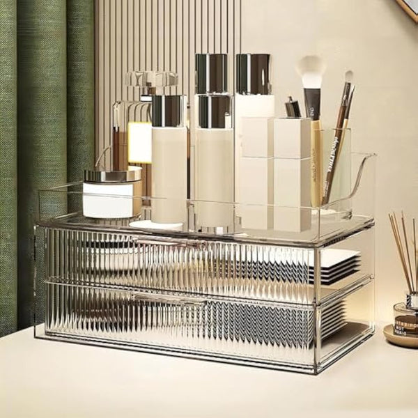 DASITON Clear Dustproof Two layers Storage Box,Makeup Brush Holder,Large Capacity Desktop Storage Box with Drawer,for Beauty Products,Perfume,Jewelry,Nail Polish