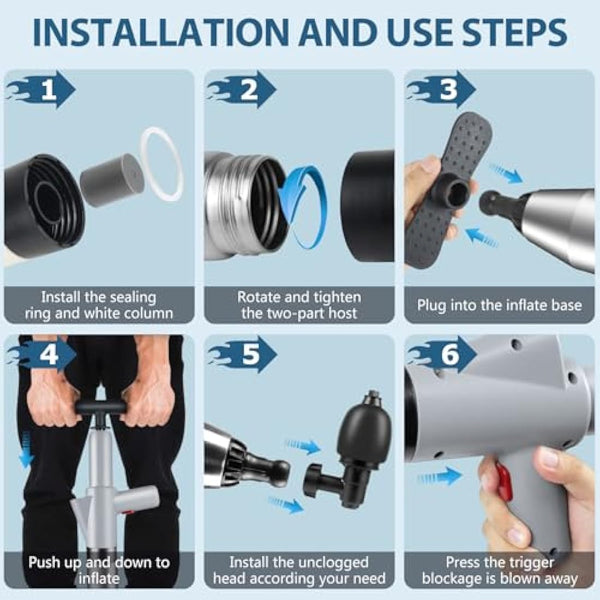 inShareplus Toilet Plunger, Grey Toilet Unblocker Heavy Duty, High Pressure Plunger Kit with 4 Replaceable Heads and 1 Gloves Plunger Sink Unblocker for Unblocking Toilets, Sink, Bathtub, Floor, Drain