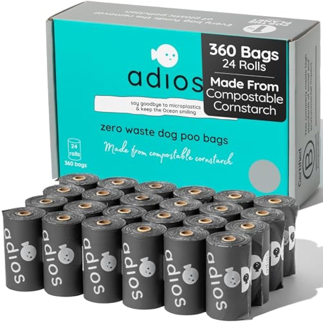 Adios Plastic - Compostable Dog Poo Bags, 360 Count (24 Rolls) - Leak‑Resistant, Extra Thick, Odour Proof Dog Waste Bags – Made from Highest Rated EN13432 Certified Cornstarch - Slate Grey