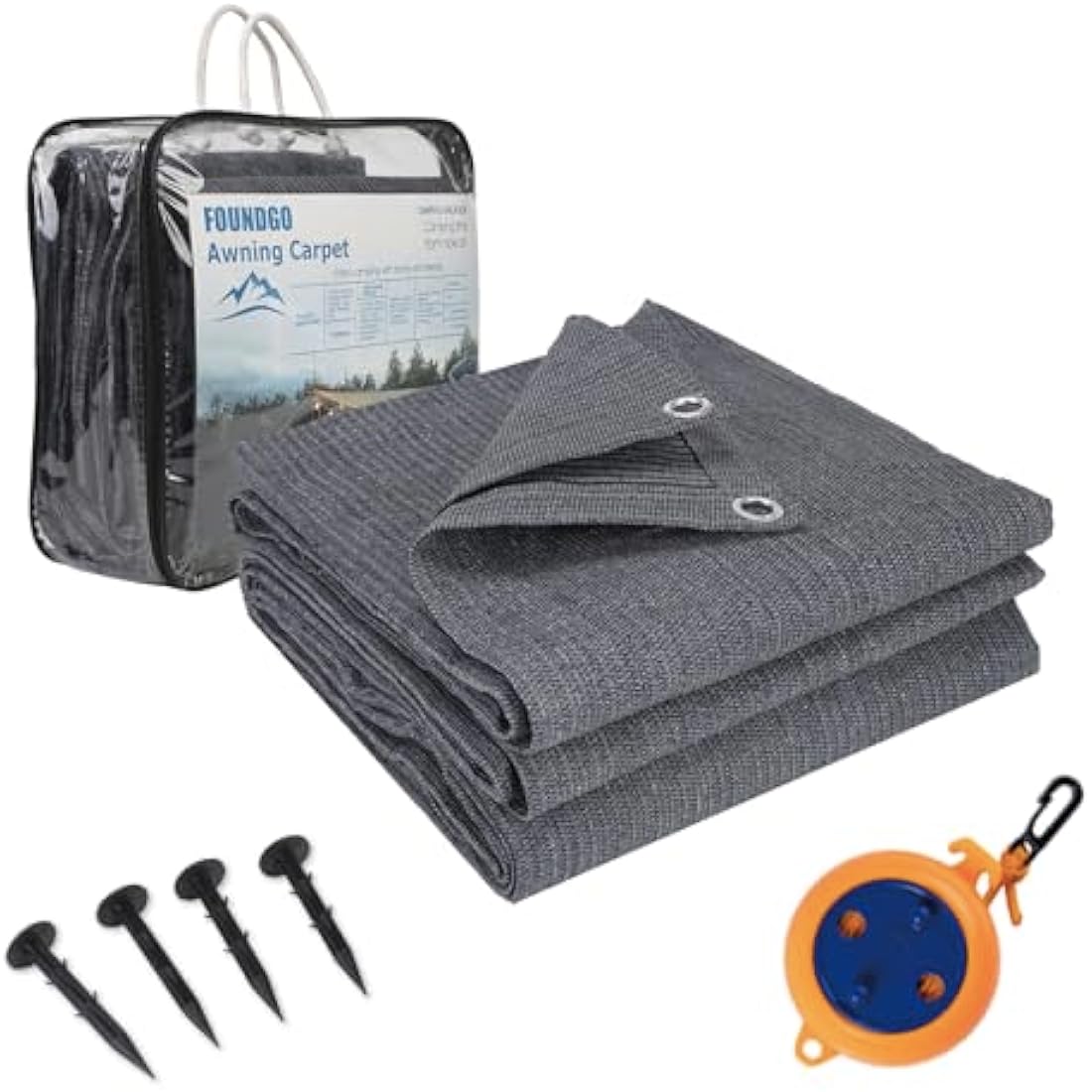 FoundGo Awning Carpet with Eyelets [280g/m² HDPE] Outdoor Camping Carpet Breathable Awning Flooring including Carrying Bag 8x pegs & Clothesline