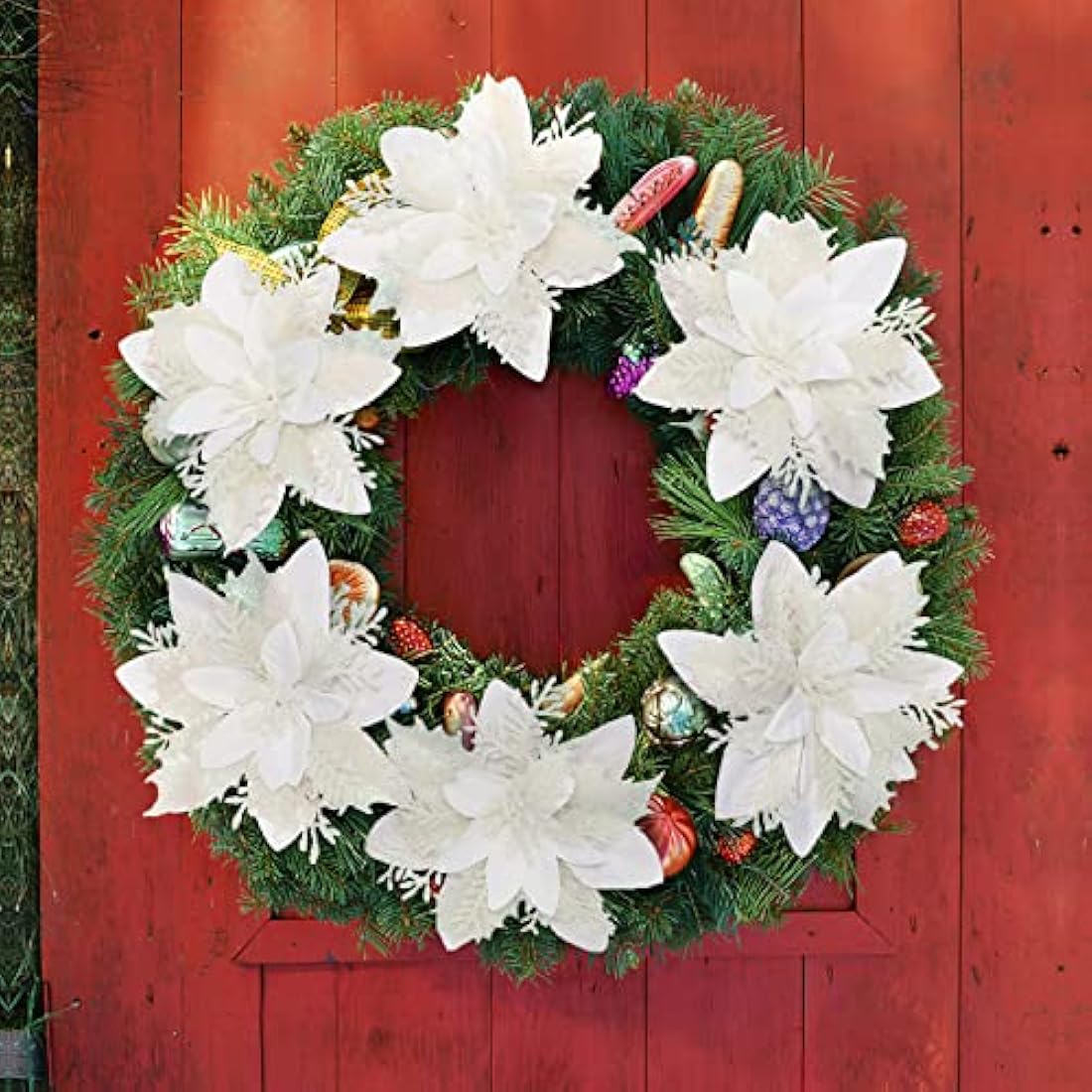 12Pcs Poinsettia Artificial Flowers, Christmas Glitter White Flowers Ornaments for Christmas Tree, with Stems and Clips, Xmas Floral Party Decor Wreath, Garland Craft Supplies, White