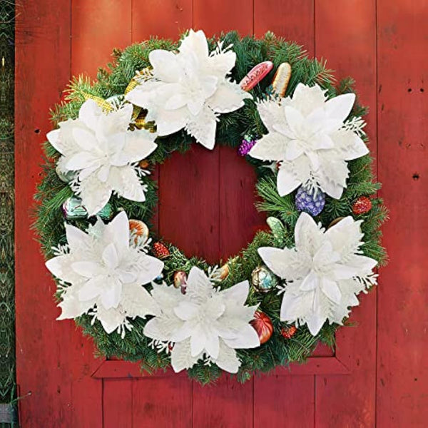 12Pcs Poinsettia Artificial Flowers, Christmas Glitter White Flowers Ornaments for Christmas Tree, with Stems and Clips, Xmas Floral Party Decor Wreath, Garland Craft Supplies, White