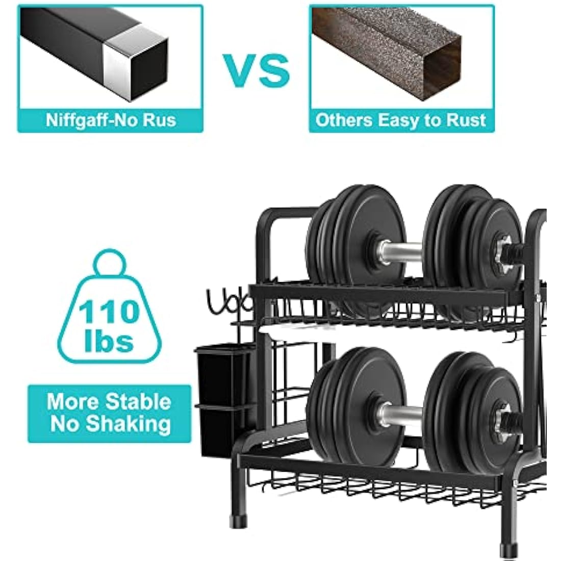 niffgaff 2 Tier Black Dish Drainer Rack, Stainless Steel Drying Rack Kitchen, Drainers Draining Board with Drip Tray, Rust Proof Large Washing Up Sink