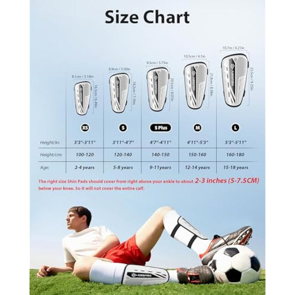 AirsFish Shin Pads Boys CE Certified Kids Shin Pads with Ankle Protection,Breathable Non Slip Extended Adjustable Straps (Black-White, XS(100-120CM))