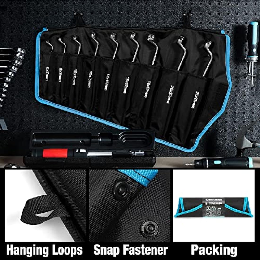 DURATECH Offset Double Ring Spanner Set, 9-Piece Metric Box End Wrench Set with Roll Pouch - 75-Degree Offset, 6-23mm, 12-Point, Chrome Vanadium Steel