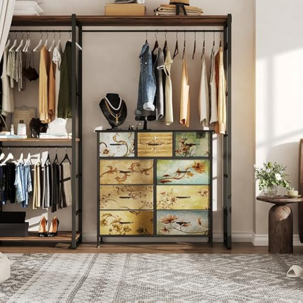 Flrrtenv Chest of Drawers Bedroom with 9 Drawers, Tall Fabric Dressers with Flower Printing, Dresser for Entryway Hallway Living Room, Closet Storage Drawer, Black Wooden Top