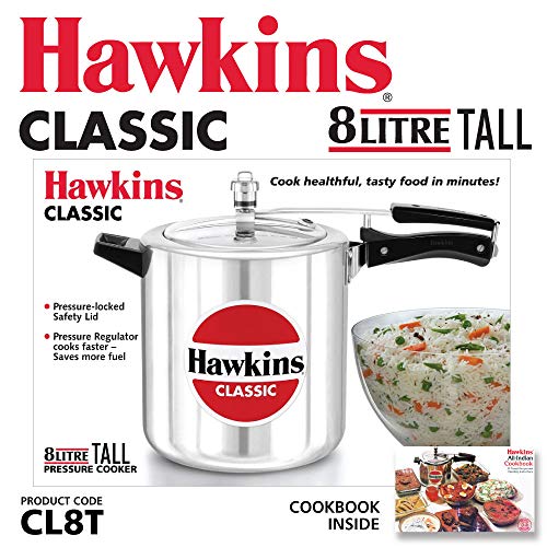 Hawkins Classic 8 Litre Pressure Cooker, Tall Design Cooker, Big Cooker, Silver (CL8T)