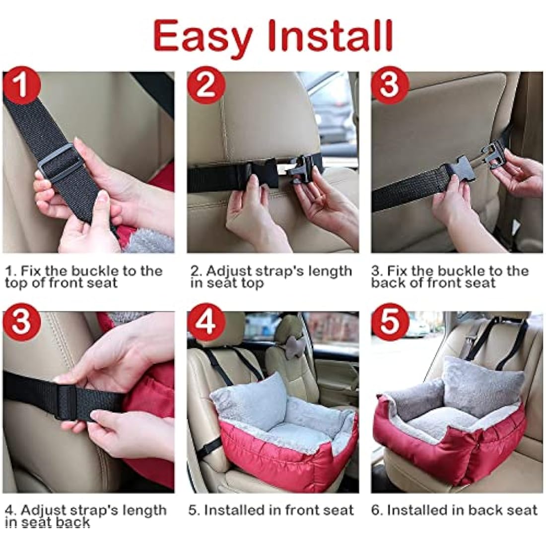 GoFirst Dog or Cat Booster Seat - Travel Car Bed with Storage Pocket, Clip-On Safety Leash, Waterproof Warm Plush, Red