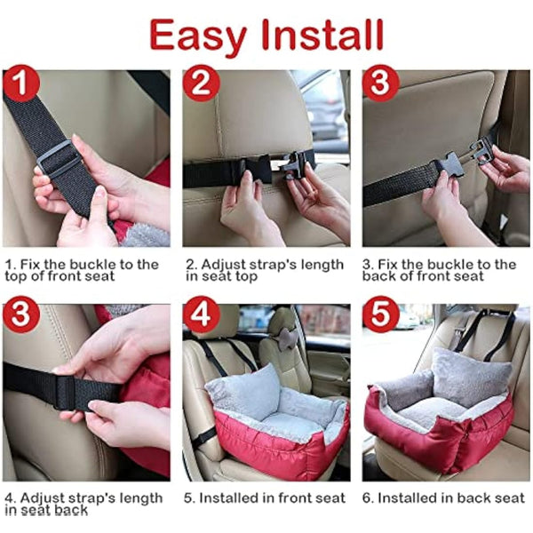 GoFirst Dog or Cat Booster Seat - Travel Car Bed with Storage Pocket, Clip-On Safety Leash, Waterproof Warm Plush, Red