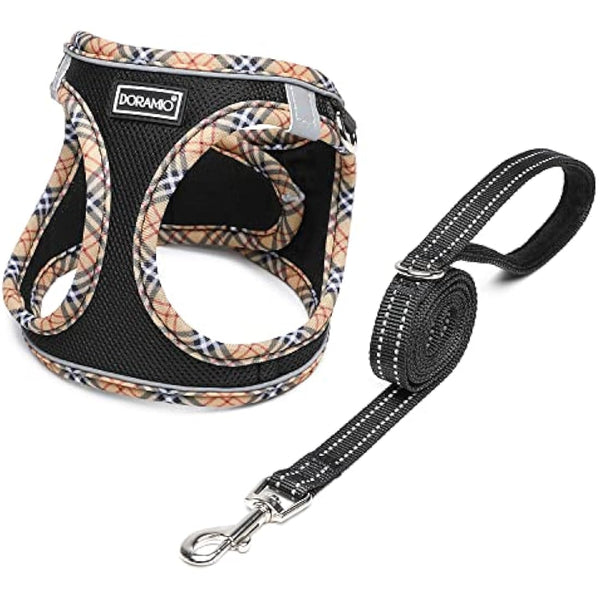 DORAMIO Step-in Dog Harness and Leash Set, Soft Mesh No-Chock Reflective Breathable Easy Walk Lightweight Vest Harnesses with Safety Buckle for Small Dogs, Cats, Puppies (Black Yellow, XS)