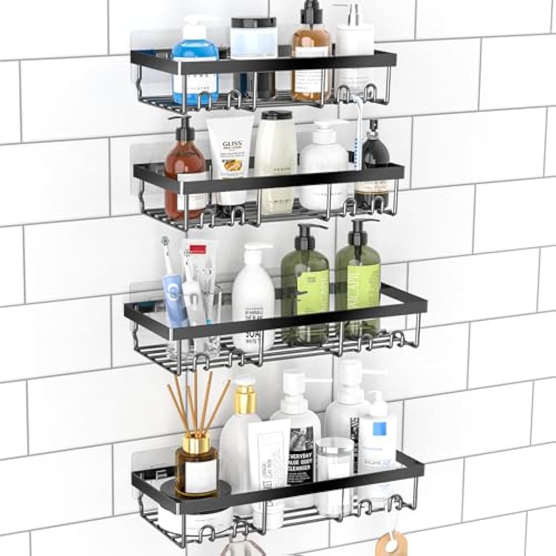 DIFULI Shower Caddy Shelf Organiser 4 Pack, No Drill Black Shower Shelves,Self Adhesive Bathroom Caddy,Shower Storage Accessories, Wall Mounted Shampoo Holder