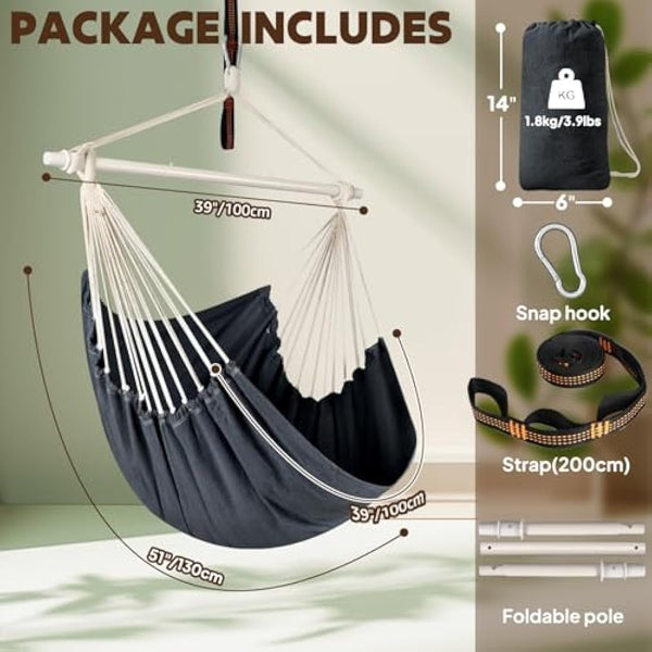 Chihee Hammock Chair Swing Chair Strong Metal Collapsible Spreader Bar Portable Hanging Chair Max 330 lbs Comfy Seat Patio Lawn Chair Cotton Blended for Superior Comfort Durability Indoor Outdoor