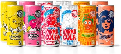 Karma Drinks Can Variety Pack, Mixed Case of Delicious Soft Drinks, Carbonated Fizzy, Fairtrade, Organic, Vegan, No GMO (12 x 250ml)