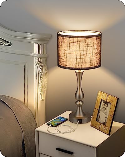 EDISHINE Bedside Lamps Set of 2, 3 Way Dimmable Touch Lamp with USB Charging, Table Lamps for Living Room, Bedroom, Black Linen Shade (LED Bulbs Included)