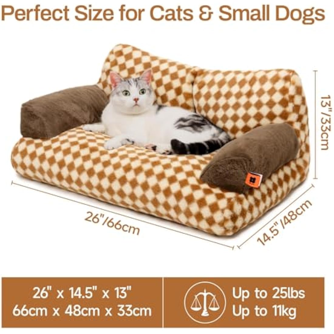 MEWOOFUN Stylish Cat Bed for Indoor Cars Large - Fluffy and Soft Cat Sofa Small Dog Sofa Bed for Dogs and Cats - 66x48cm Cute Pet Bed Couch with Non-slip Bottom, Brown
